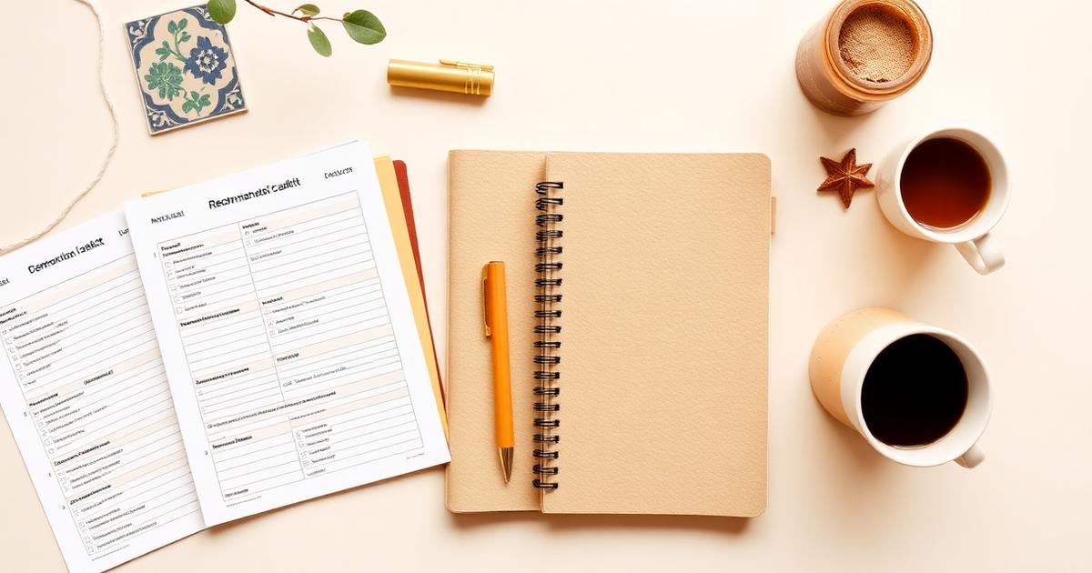 Printed relocation checklists, a planner and coffee on a warm desk