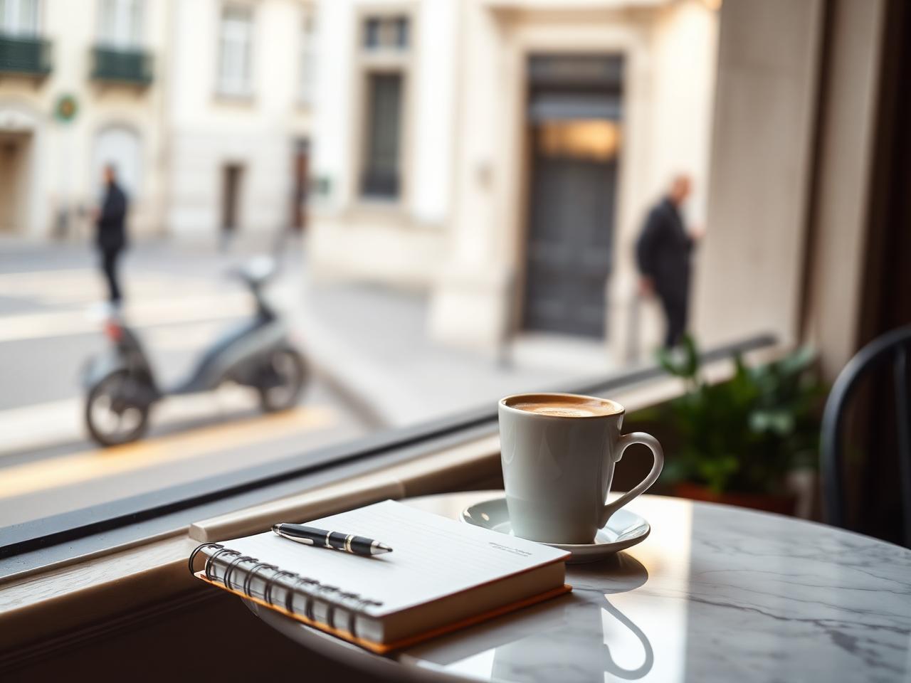 A quiet Portuguese café terrace with an espresso and notebook